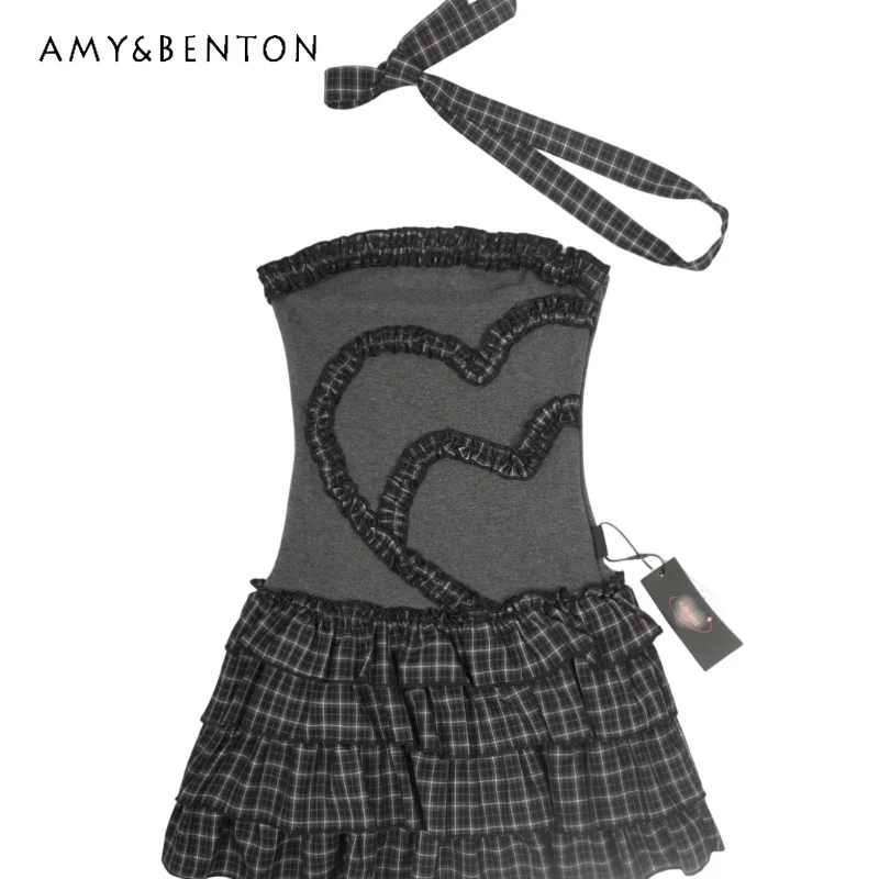 

Original Design Black Gray Plaid Women's Cake Dress 2026 Summer New Sweet Cool Y2k Knitted Elastic Retro College Dresses Ladies