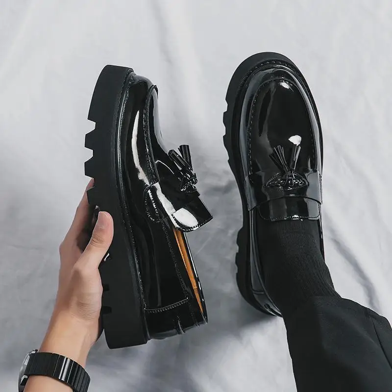 Fashion Classic Thick Sole Men's2026Loafers Slip-On Business Dress Shoes For Gentleman Glossy Buckle Formal Party Black Shoes
