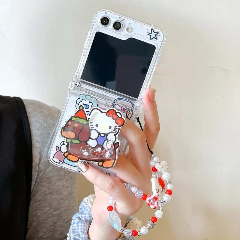 귀여운 만화 산리오 헬로키티 스탠드 홀더 폰 케이스 삼성 갤럭시 Z 플립 7 6 5 4 케이스 투명 소프트 TPU 커버 끈 포함