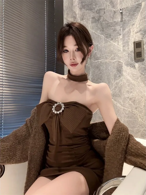 

Elegant Knot Strapless Dress Loose Sweater Cardigan Outerwear Two-Piece Set Women's Fashion Nicole Rose Brand