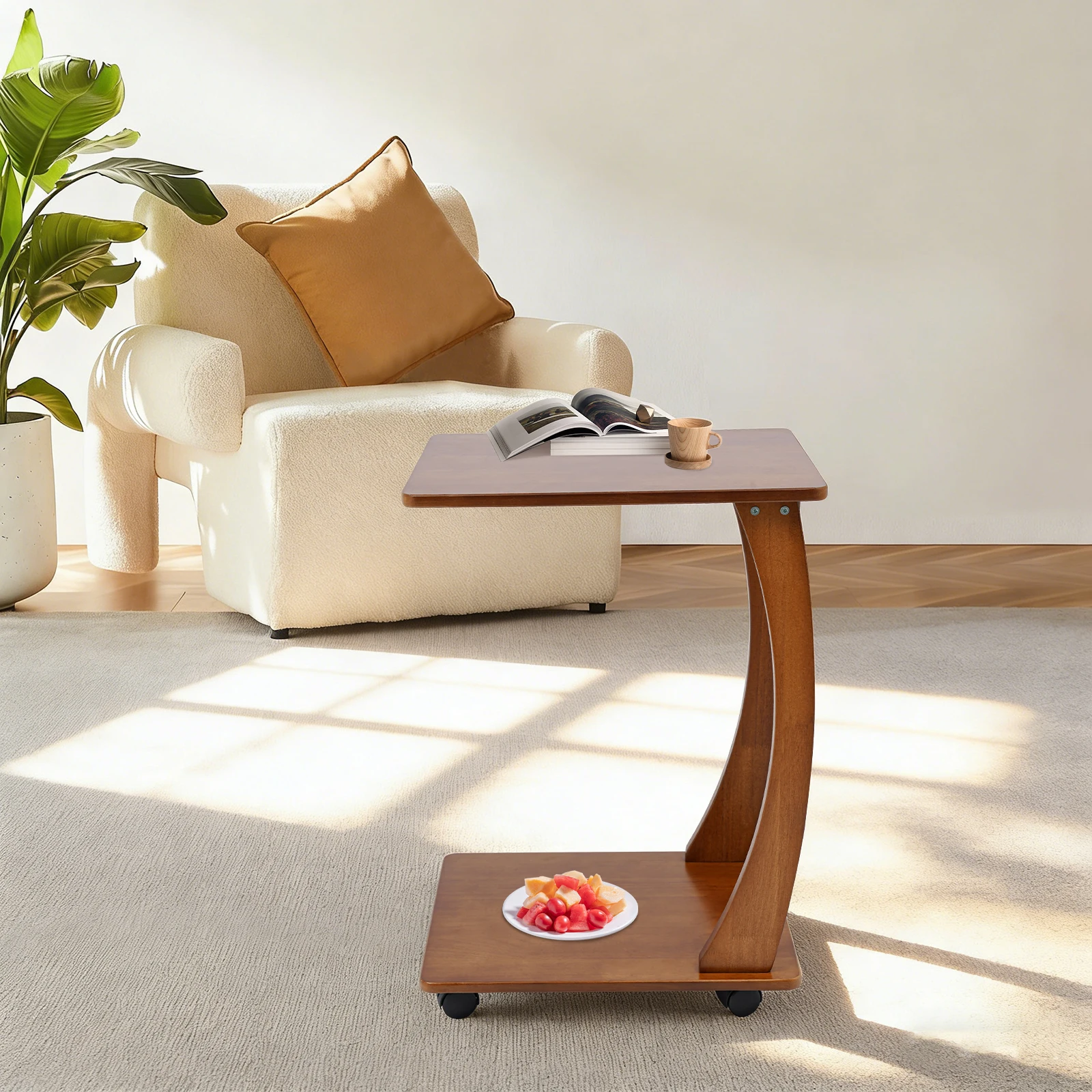 C-Shaped End Table, 2-Tier Wood Side Table With 4 Swivel Wheels 2 Brakes, Light Walnut/Cherry Wood Color Mobile Snack Table For Living Room Bedroom Home Office