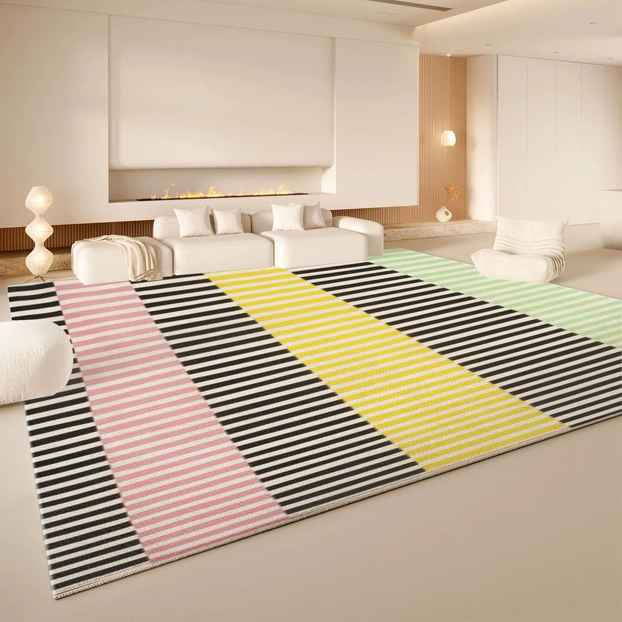 VIKAMA Multicolor Diagonal Stripe Area Rug Non Slip Washable Living Room Carpet Modern Minimalist Home Decor Floor Rug
