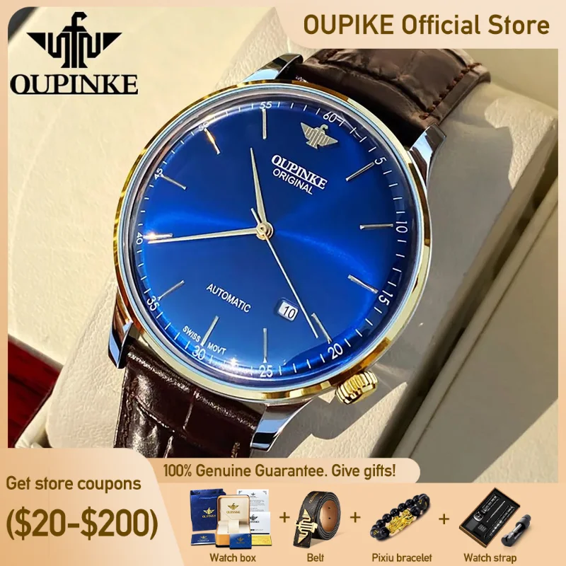 

OUPINKE Automatic Movement Brand Authentic Top Ten Men's Watches Men's Automatic Mechanical Watches Thin Leather Belt 3269