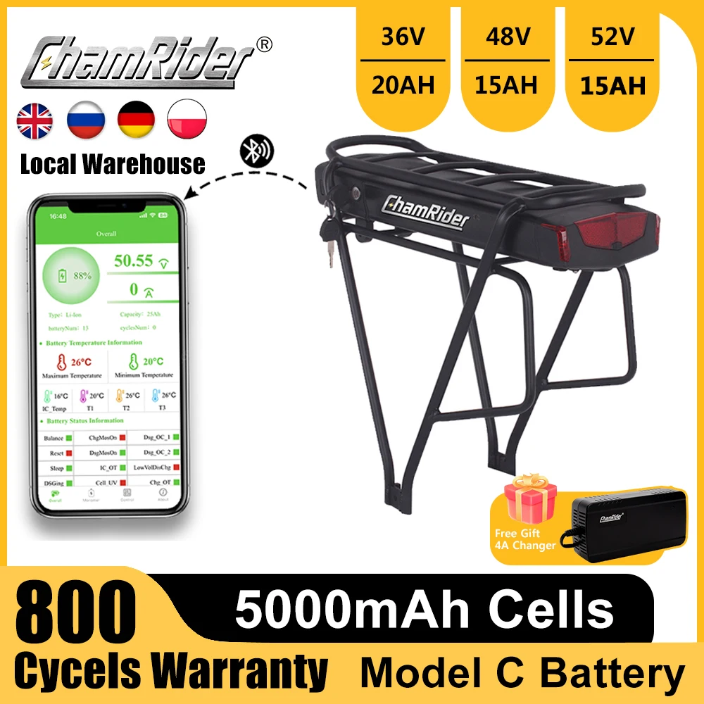 Ebike Rear Rack Trunk Battery 36V Double Layer,Electric Bike Battery 48V Luggage Carrier,Bafang, 20AH, 52V, 15AH, 350W, 750W