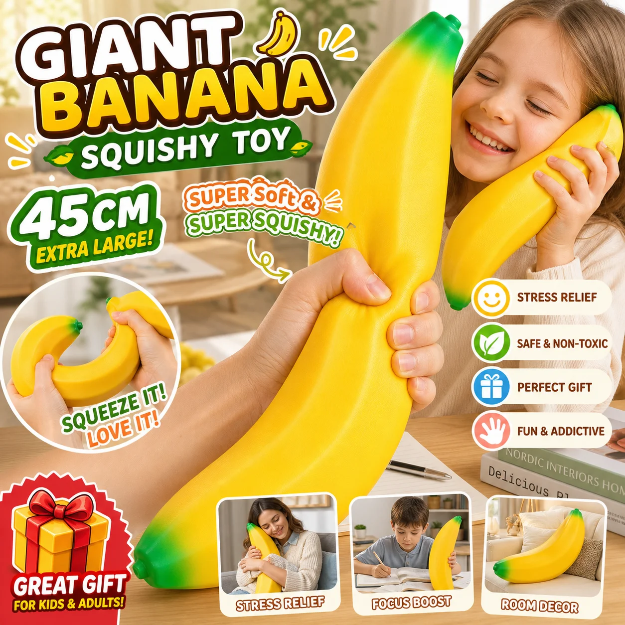 45cm PU Banana Elastic Stress Relief Squeeze Toy Pressure Ball Kid Classroom Birthday Christmas Party Bag Filler Gift