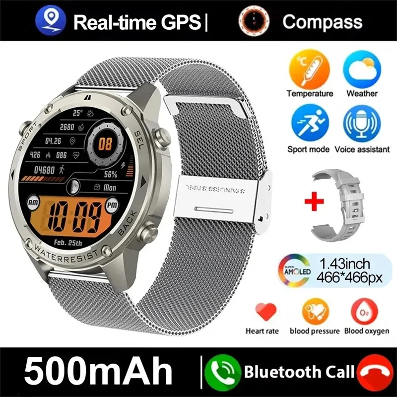 

2025 New GPS Satellite Positioning Smart Watch Men 500 mAh 1.43 inch AMOLED 5ATM Waterproof Heart Rate Outdoor Sports Smartwatch