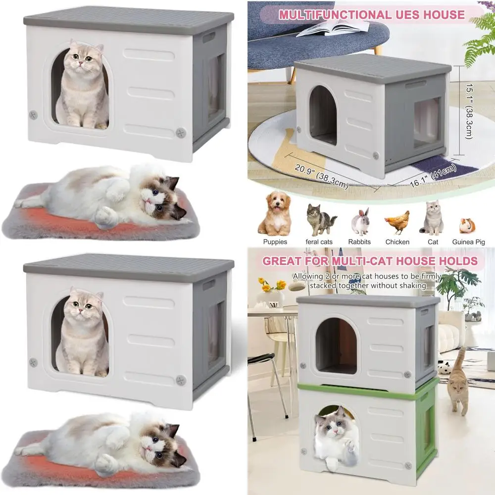 بيت قطط بلاستيكي داخلي/خارجي باللون الرمادي مع باب هروب للحيوانات الأليفة الصغيرة والمتوسطة