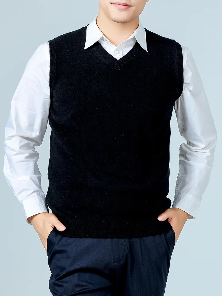 

Мужской жилет из 100% мериносовой шерсти с v-образным вырезом, пуловер без рукавов, осень-зима, толстый повседневный модный вязаный кашемировый свитер