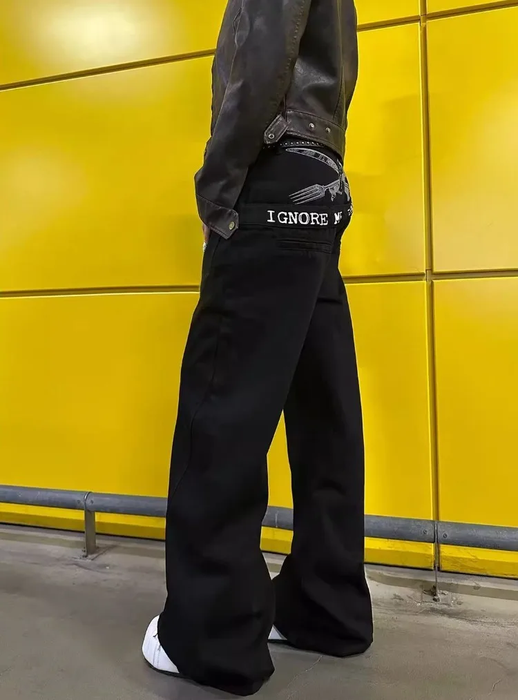 Women's Fashionable Letter Pattern Design Jeans Wide Leg Trousers Summer Unisex Casual Pants Female High Waisted Punk Sweatpants
