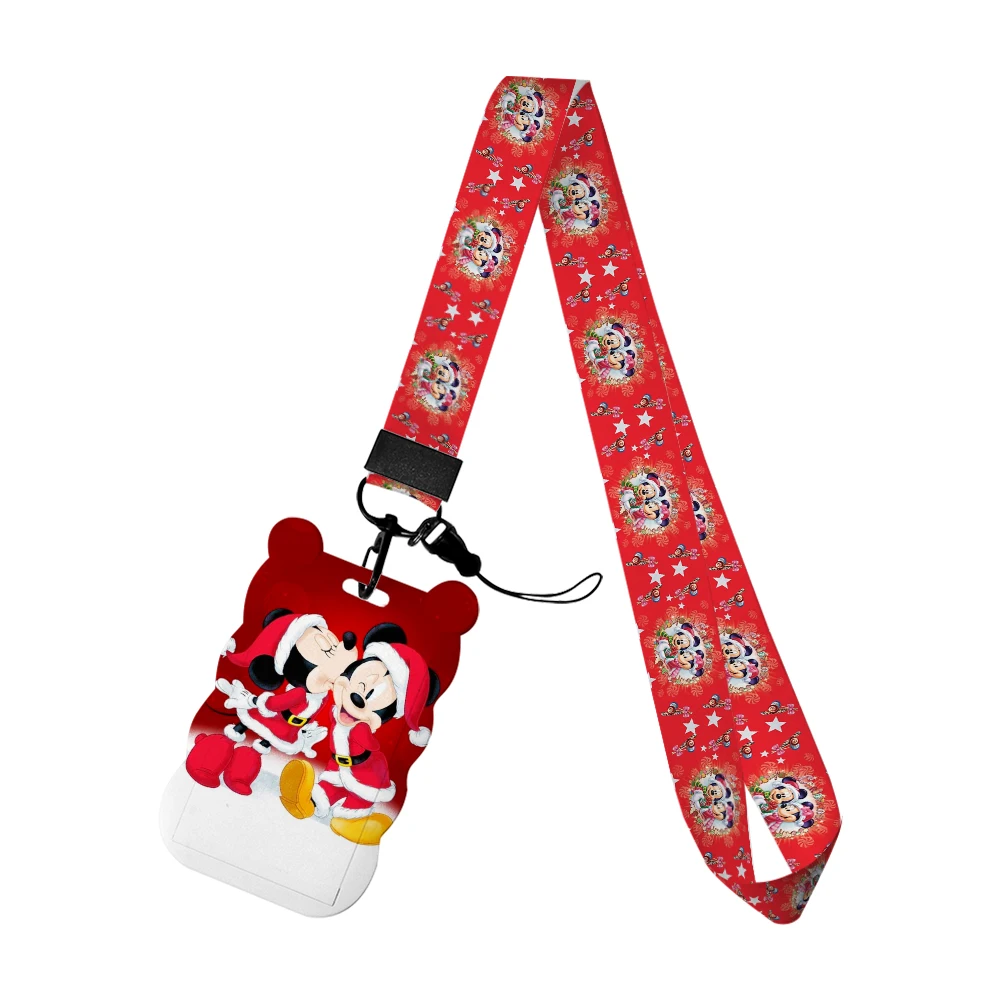 Cordón navideño de Mickey, llavero animado, bonito soporte para insignia, identificación, tarjeta de crédito, cuerda para colgar, cordón para llaves, accesorios, regalos