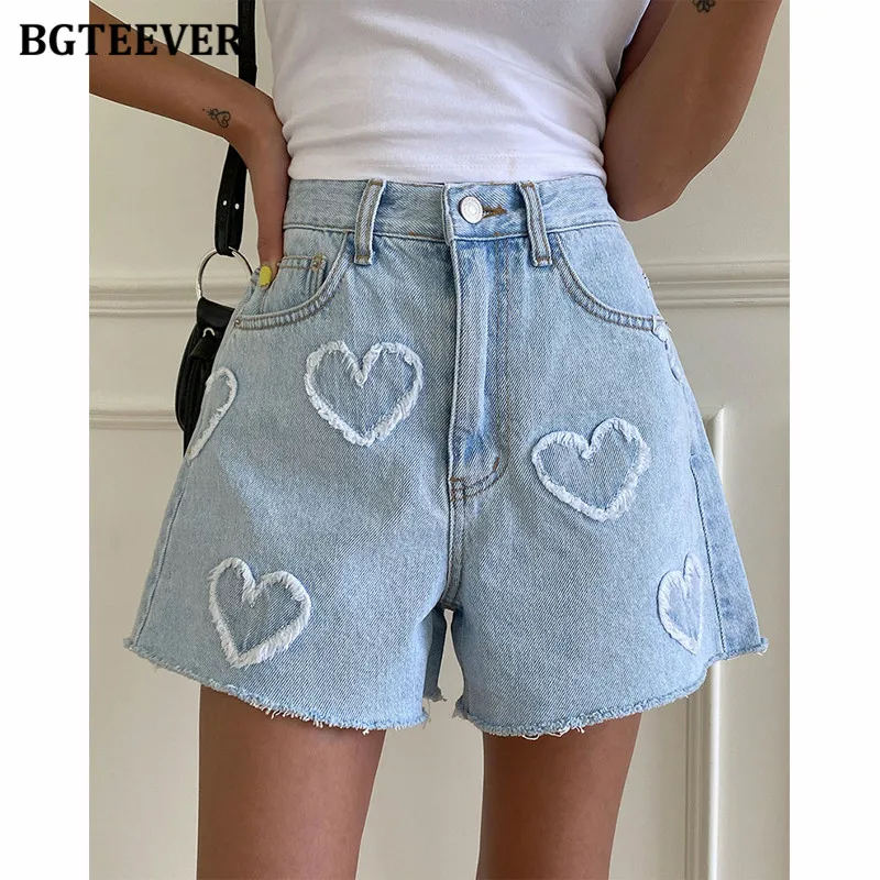 BGTEEVER-Short en jean taille haute à jambes larges pour femme, short en denim avec boutons, printemps et été