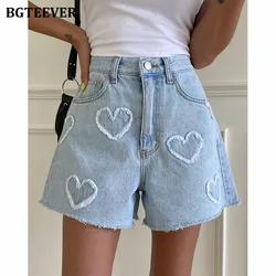 BGTEEVER Stylish High Waist Button Wide Leg Jeans Shorts Women Spring Summer Loose Hearts Women Denim Shorts