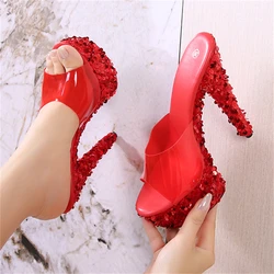 Eilyken Peep Toe PVC Transparent Women Slippers Sequined Platform Stiletto High Heels Female Nightclub Sexy Shoes