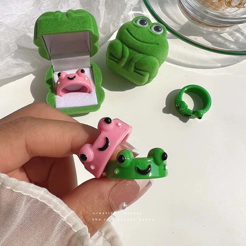 2Pcs Cute Frog Chick Ring for Women Girl Resin Geometric Fashion Cartoon Animal Rings Friendship Couple Rings Jewelry Party Gift