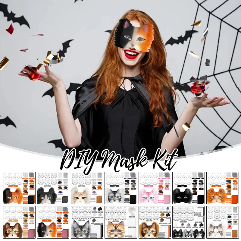 29Pcs/set Cat Face Mask Set Includes Blank Cat Plush Mask Faux Fur DIY For Masquerade Cosplay Halloween Party Gifts