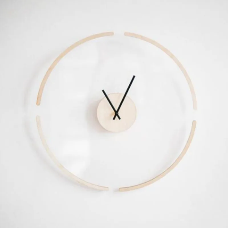 30cm Nordic Creative Transparent Suspension Clock Modern Simple Wooden Wall Clock Analog Bedroom Living Room Home Decoration