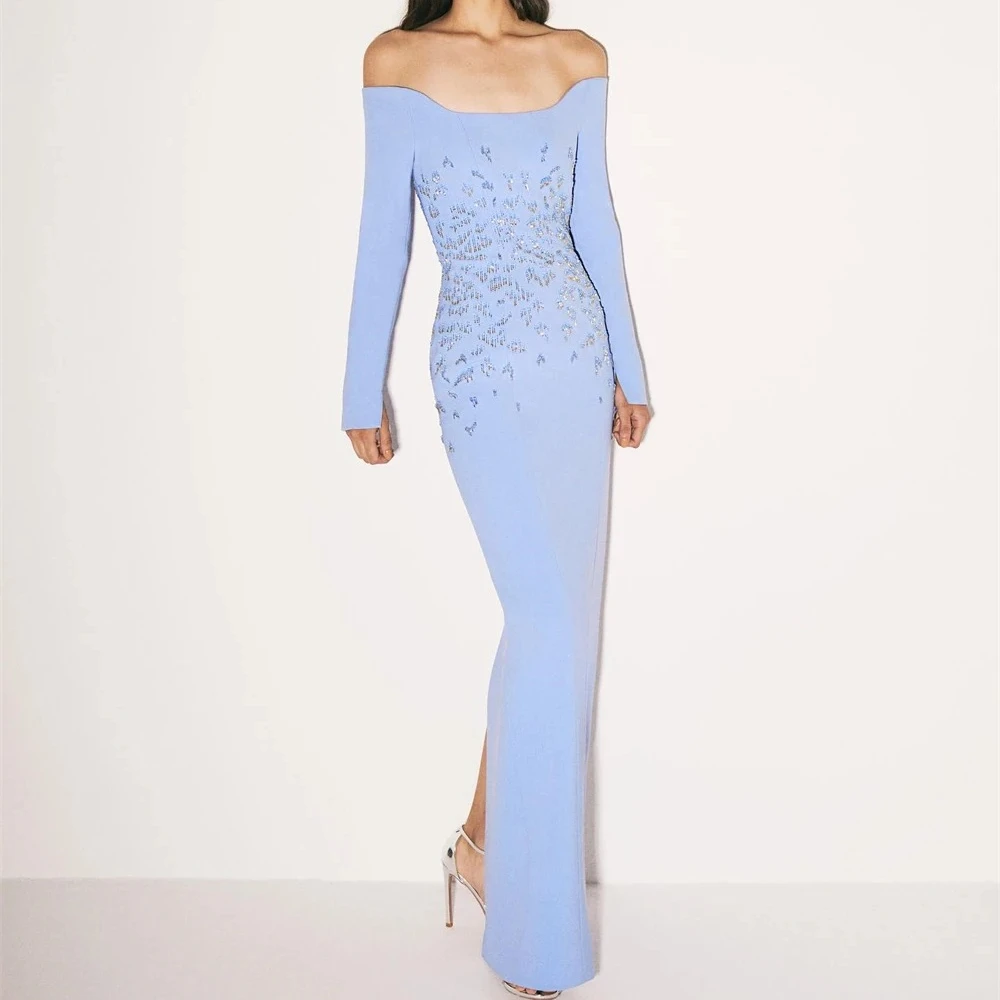 

Light Blue Evening Dress Off The Shoulder Long Sleeves Jersey Evening Gowns Crystal Glitter Luxury Prom Dresses Customized