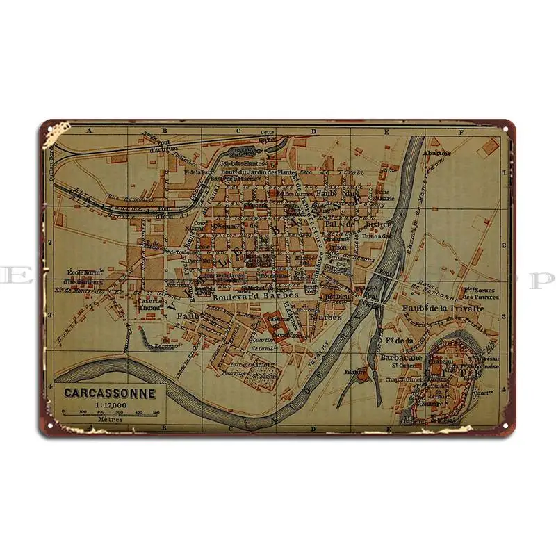 Cartel de placa de Metal de Carcassonne Vintage, mapa de Francia 1895, placas de pintura de diseñador, Bar, cueva, Mural, cartel de estaño