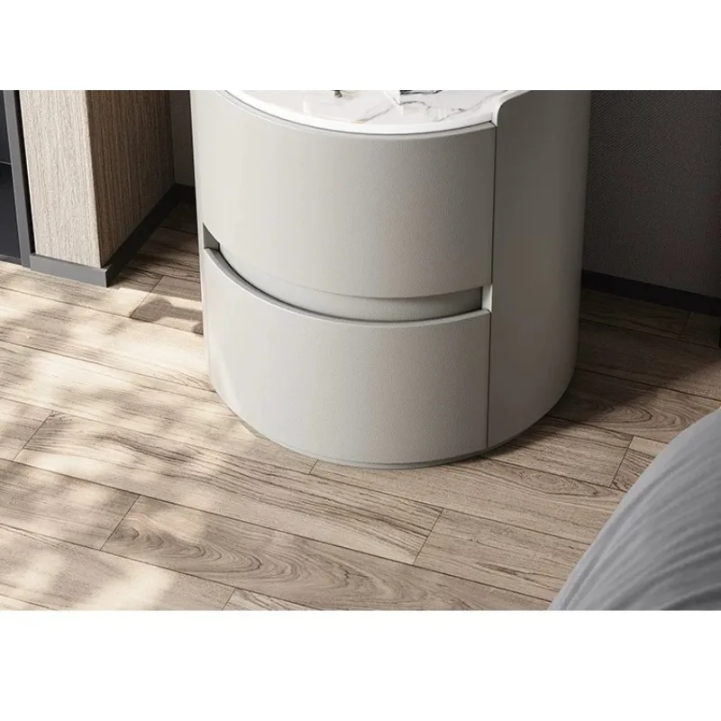 Round Bedside Table with Sintered Stone Top Minimalist Nightstand