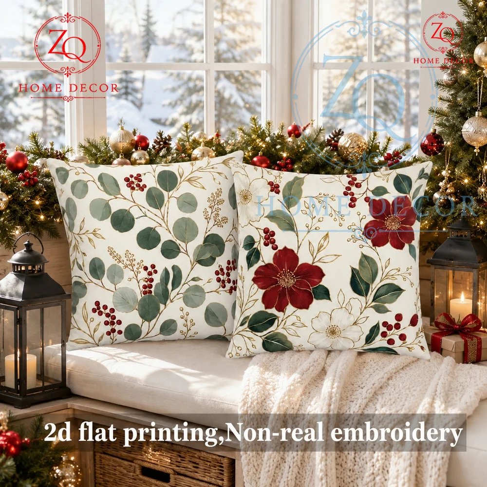 Vintage Christmas Floral Throw Pillow Covers Eucalyptus Red Berry Winter Holiday Cushion Cases Rustic Farmhouse Decor