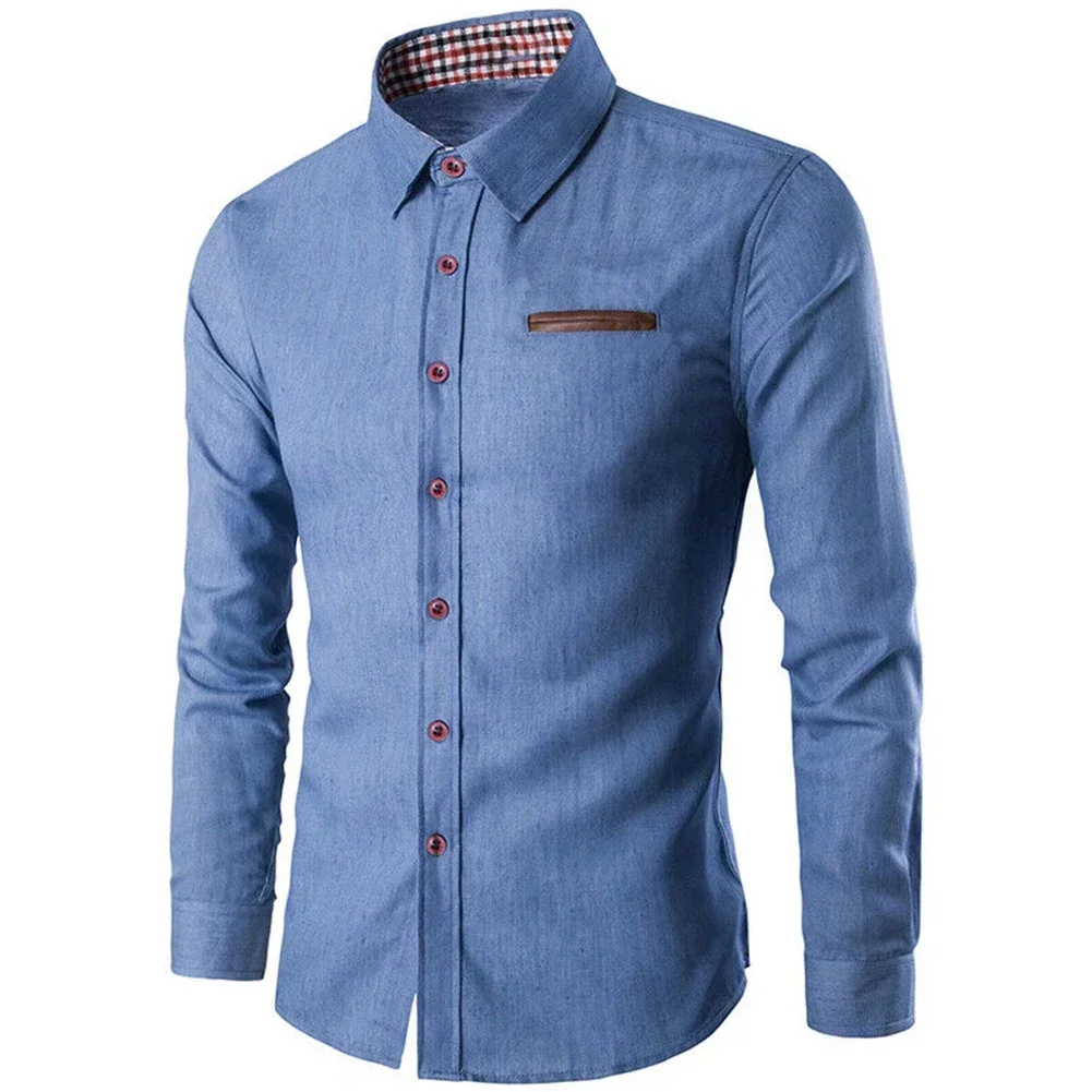 Camisa de manga larga con Panel de bolsillo para hombre, camisa vaquera versátil ajustada, camisas de vestir, blusa de lino y algodón, Top informal