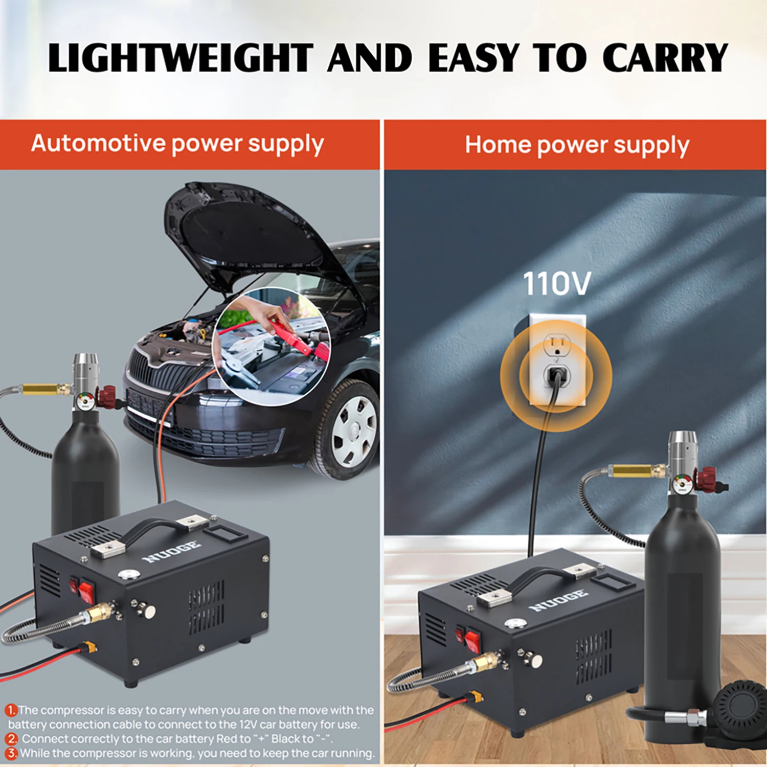 NUOGE 4500Psi 30Mbar bomba de compresor de aire portátil PCP 12VDC/110V/220V potencia aceite/botella de buceo de alta presión sin agua