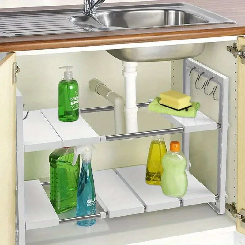 Storage Rack Under Sink, Retractable, Two-Layer, Easy to Assemble, Retractable Shelf Under Sink, Kitchen Storage