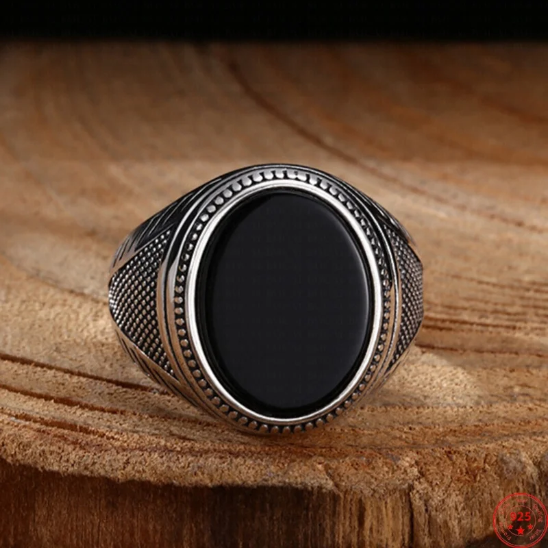 

S925 Sterling Silver Charms Rings for Men Women Retro Rivet Pattern Inlaid Oval Agate New Fashion Punk Jewelry ﻿