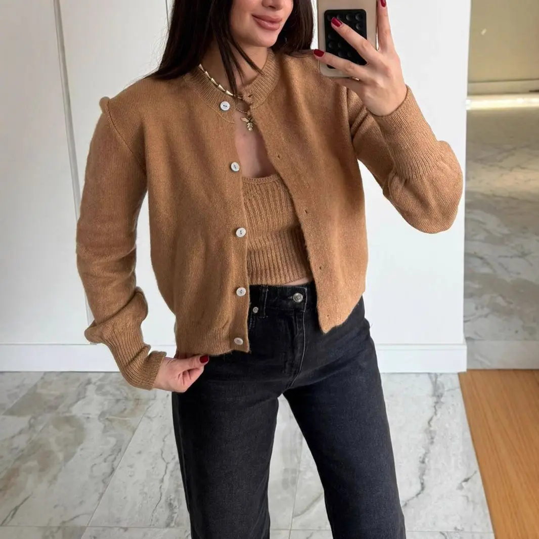 

Fall/Winter Solid Color Casual Round-neck Buttoned Cardigan + Knitted V-Neck Sweater Set