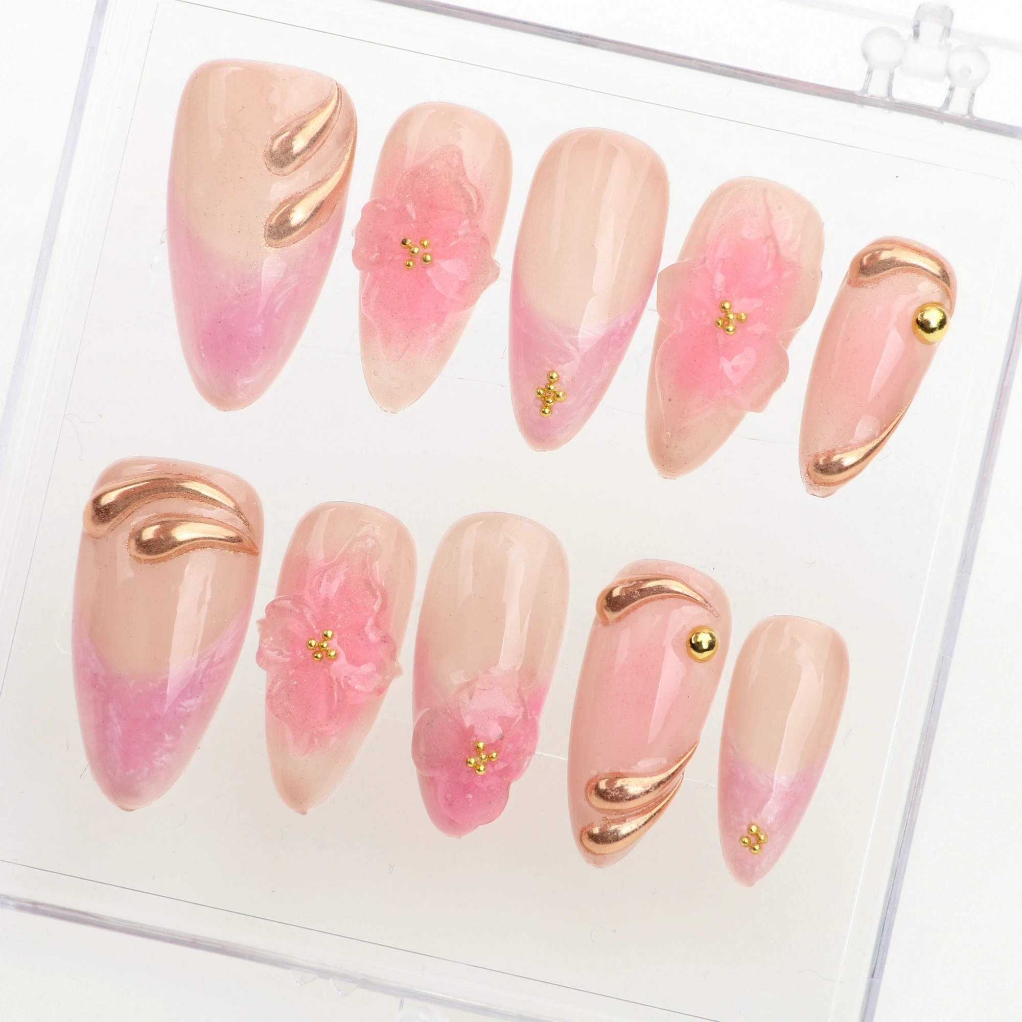 10Pcs 3D Flower Press On Nails,Free Style Gold Luxury False Nails for Birthday Holiday Vacation Prom Nails,Dreamy Pink Nails,