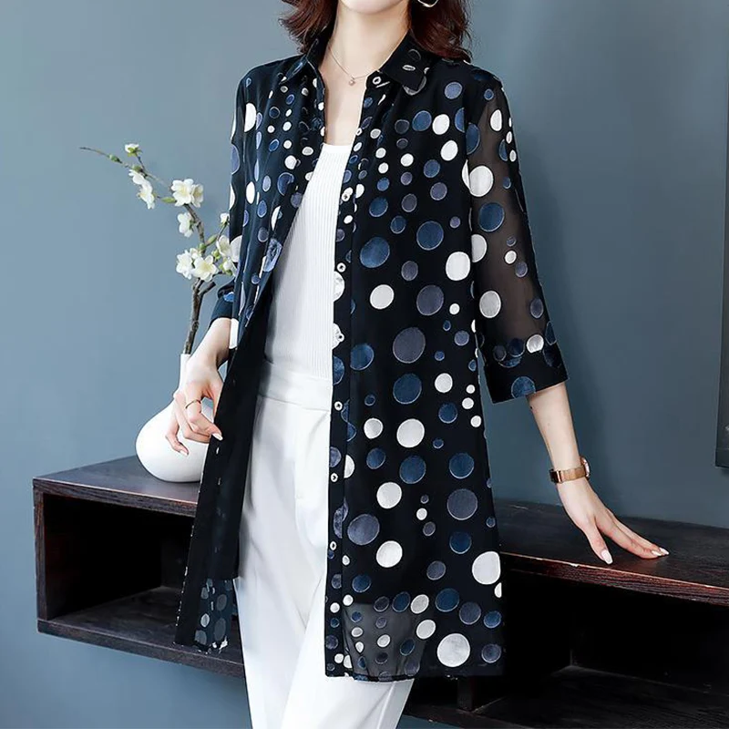 Casual Vintage Polka Dot Button Long Shirt Summer 2023 New Office Lady Polo-Neck Three Quarter Sleeve Loose Tops Ladies Clothing