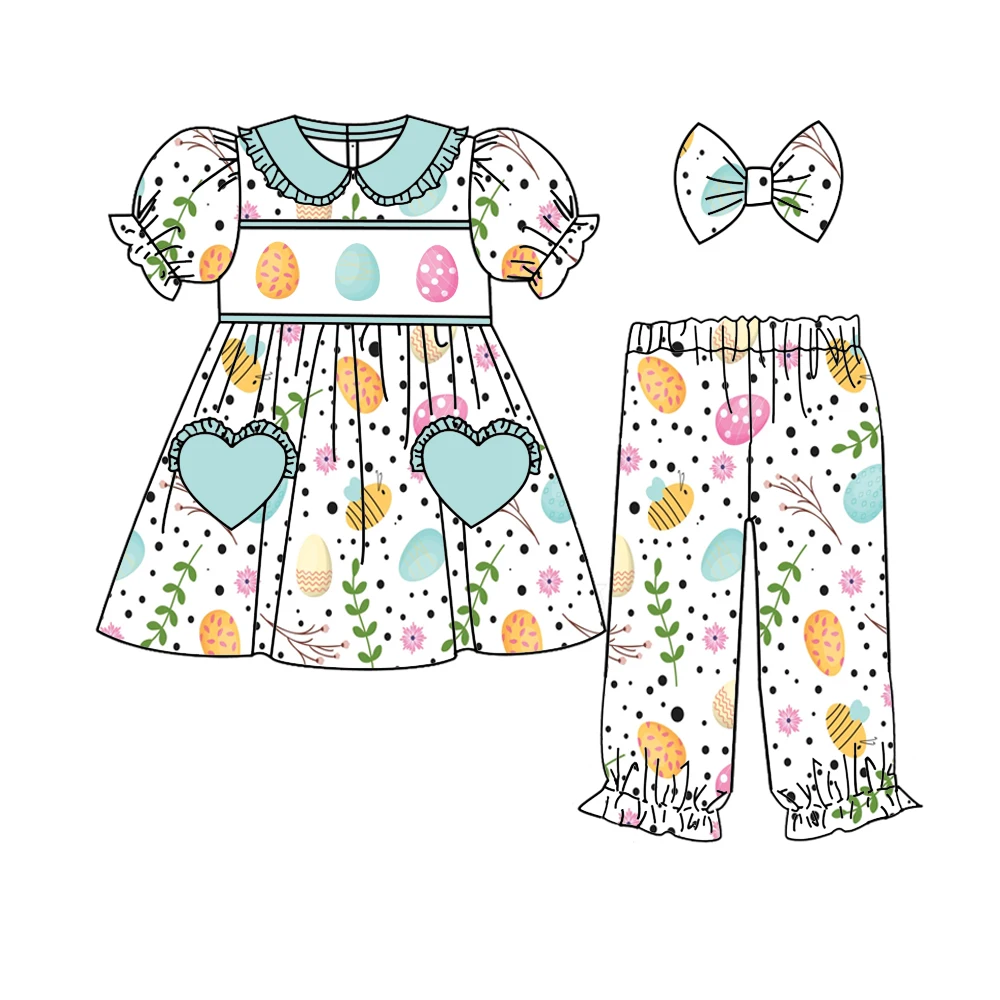 Easter Girl Summer Lace Collar Short Sleeve Pyjama Set Children's Boutique Baby Outfit with Rabbit Flower Print Trousers