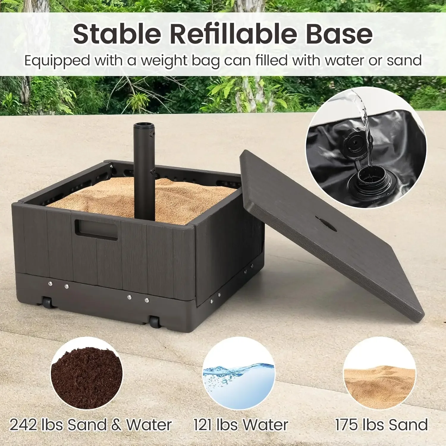 قاعدة مظلة فناء 3 في 1، حامل مظلة متحرك 175 رطل مع صينية طاولة وحقيبة مرجحة، إطار HDPE، محولين للقطب، (بني)