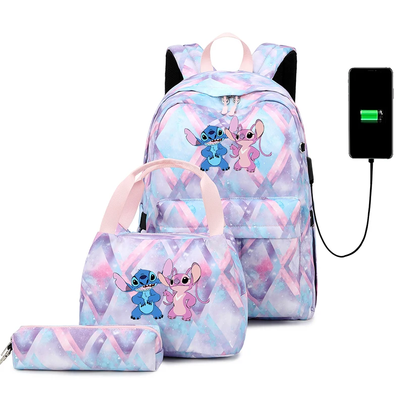 Disney-mochilas escolares Lilo Stitch para adolescentes y hombres, de viaje con carga USB morral, conjuntos de bolsas de libros informales para