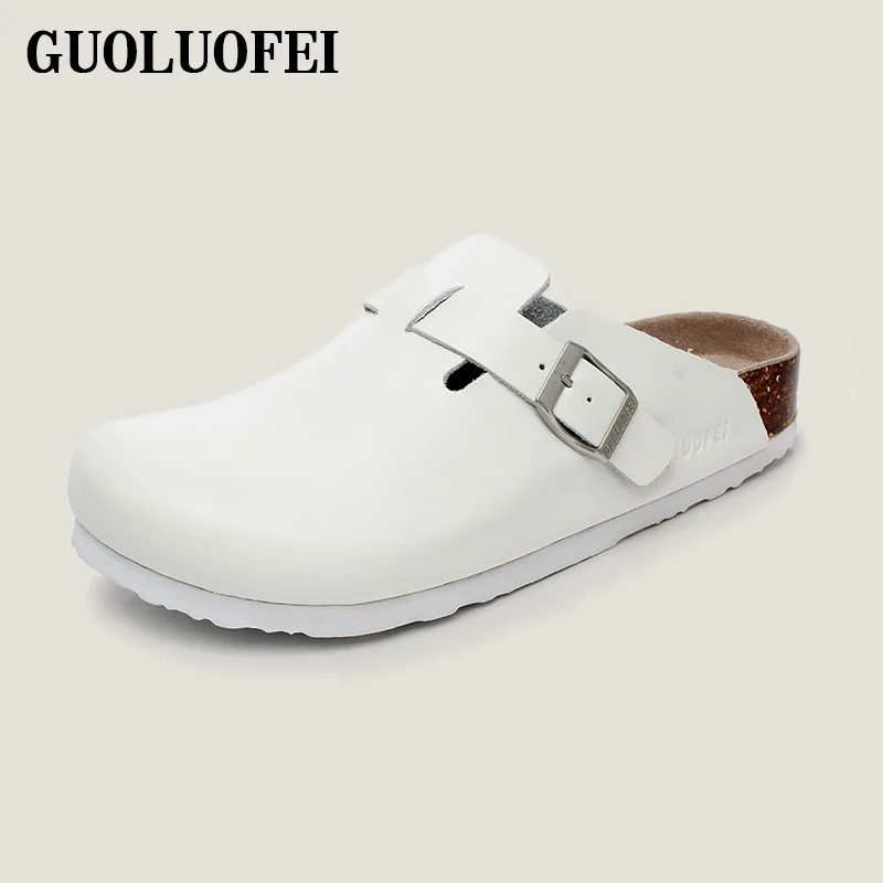 Unisex PU Leather Clogs Adjustable Buckle Slip On Cork Footbed Home Clog Slippers Mules Shoes