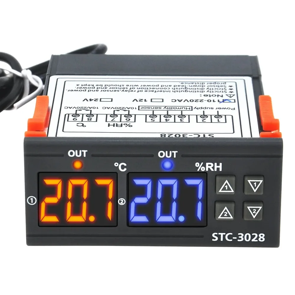 STC-3028 podwójny cyfrowy termostat kontrola temperatury i wilgotności termometr higrometr kontroler AC 110V 220V DC 12V 24V 10A