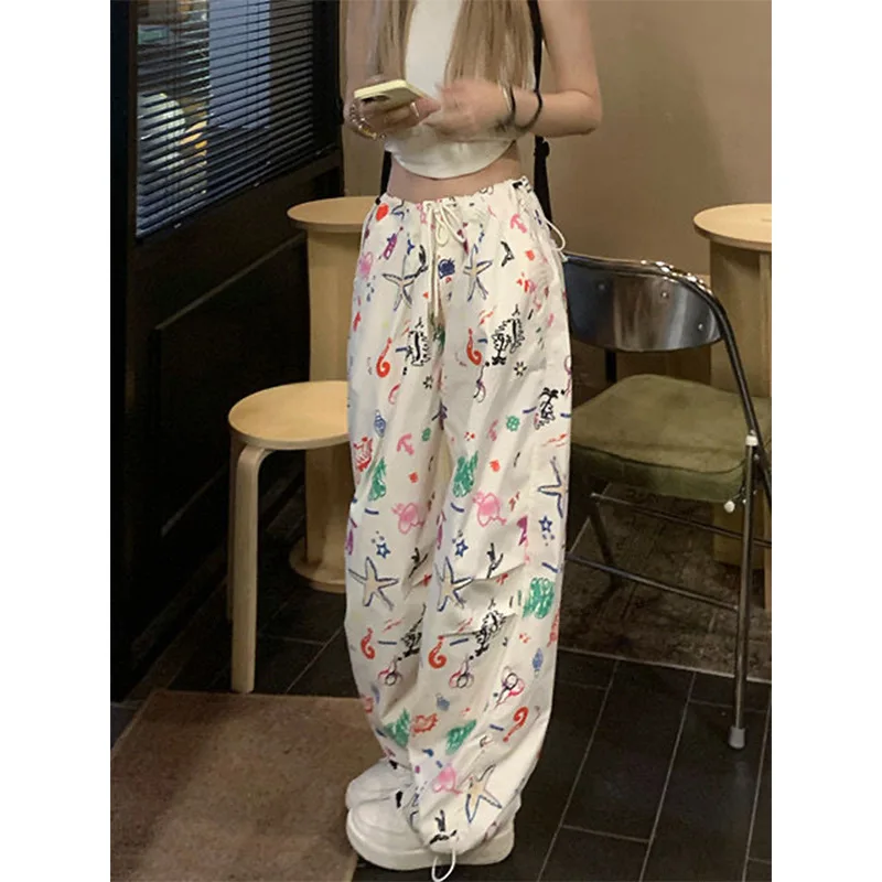 American Retro Summer 2024 Women New High Waiste Fashion High Street Hip-Hop Fun Graffiti Print Cargo Pants Loose Casual Pants