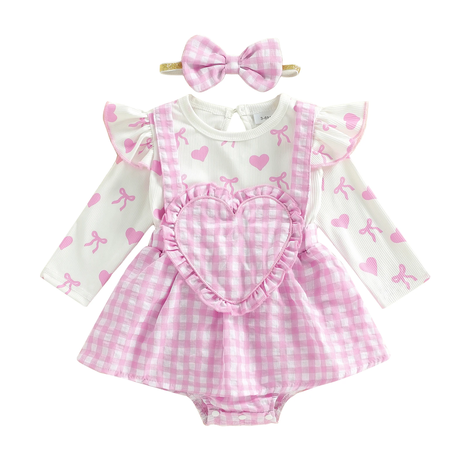 ملابس ربيعية للفتيات الصغيرات منقوشة على شكل قلب وأكمام طويلة ورقبة دائرية ومجموعة عصابة رأس على شكل فيونكة متطابقة