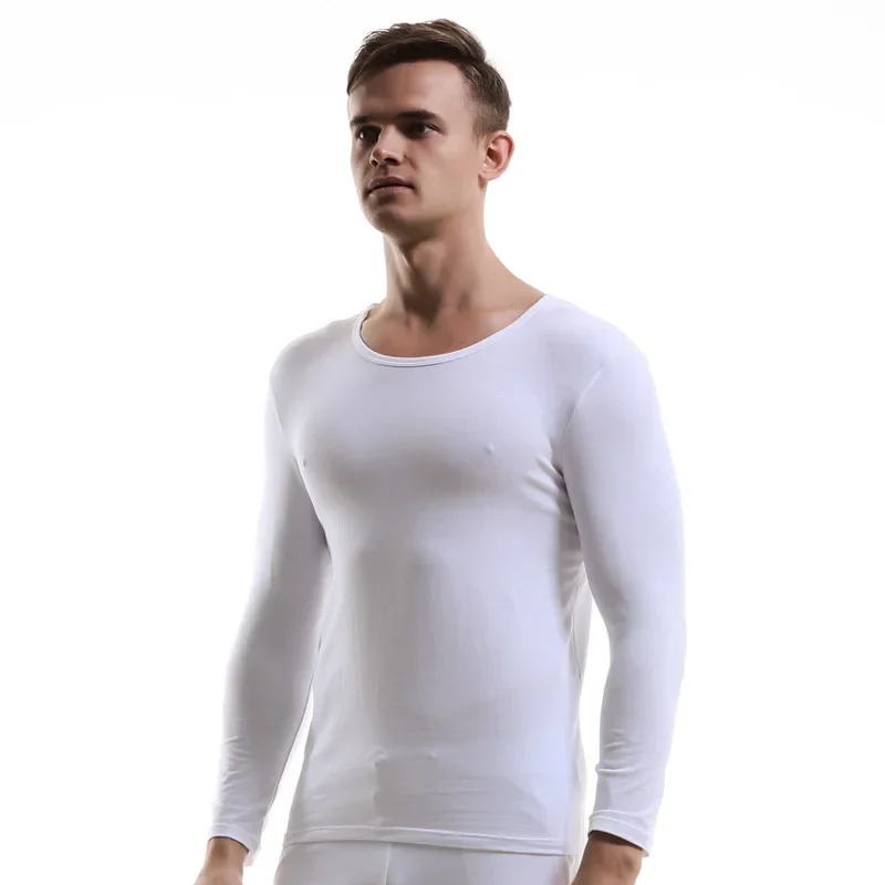 Mens Autumn Base Cotton Skin Friendly Thin Sleepwear Thermal Underwear Top Casual Loose Long Sleeved Elastic Warm Pullover Shirt