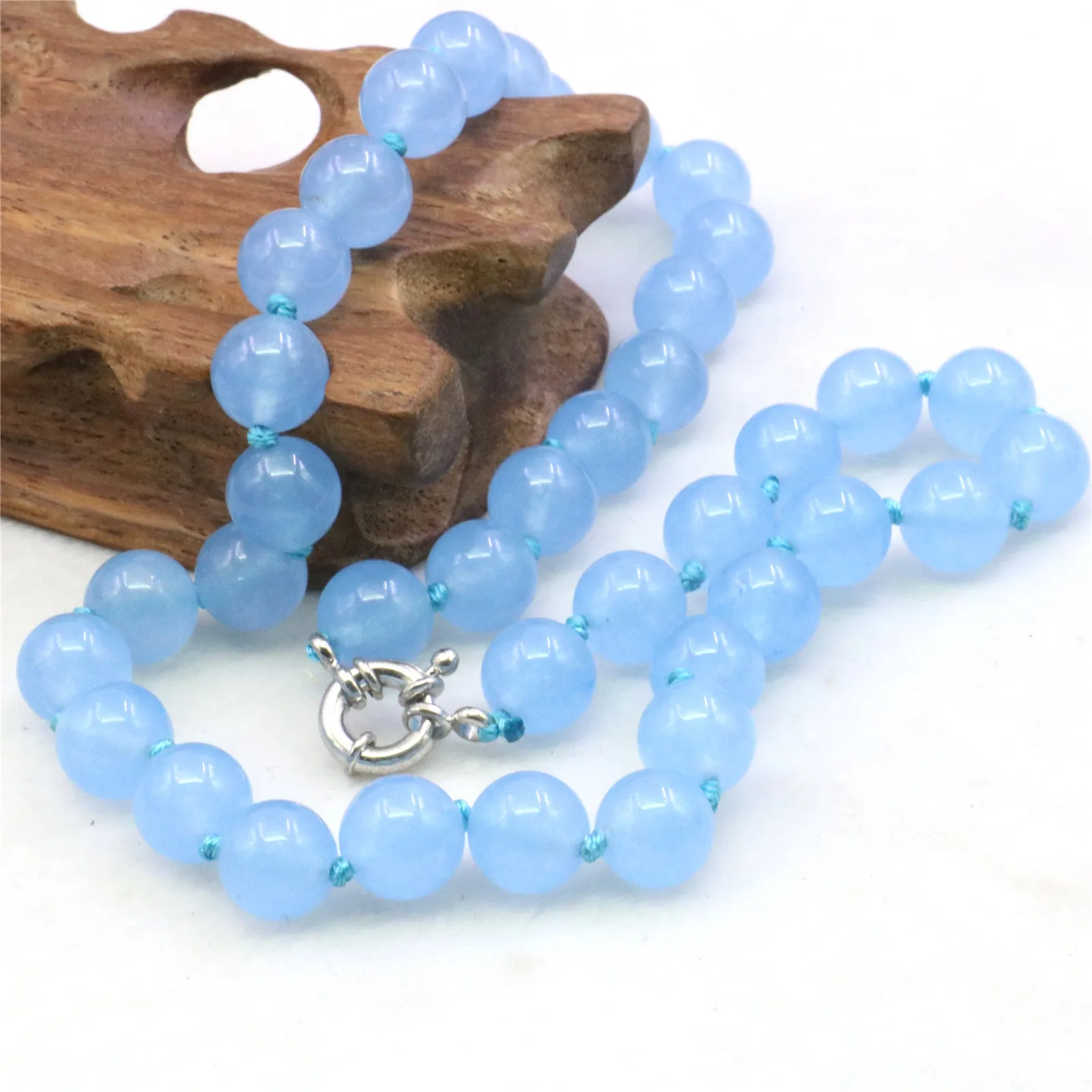 10mm Natural Blue Chalcedony Round Bead Stone Necklace,Smooth and Translucent Necklace,Jewelry Sets Gift for Women,