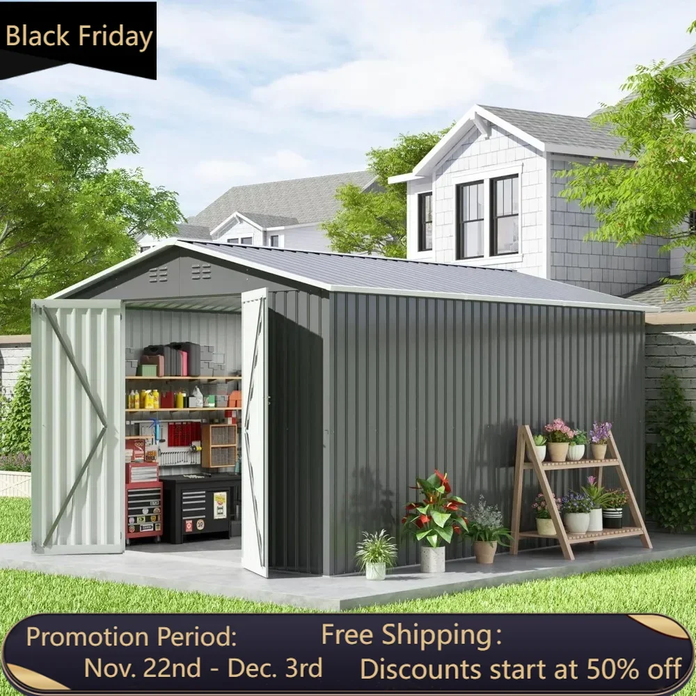 10x12 FT large metal tool shed, updated frame structure and lockable door, for use in backyard gardens, gray