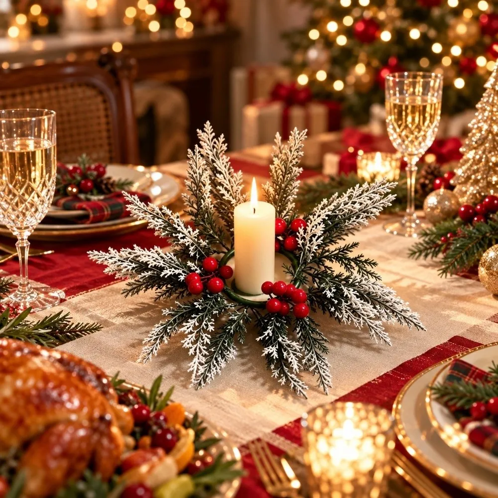 Red Berry Christmas Wreath Candlestick DIY Table Decoration Artificial Wreath Candle Rings Home Ornaments Pine Needle