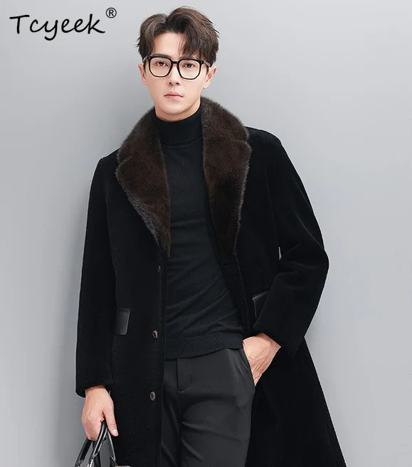 Tcyeek Wool Fur Integrated White Duck Down Jackets Men Mink Collar Long Shearling Coats Mens Winter Puffer Jacket 2026 Chaquetas