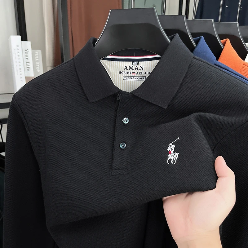 New Spring and Autumn Pure Cotton Polo Shirt Men's Long Sleeve T-shirt Flip Collar Casual Business Bottom Shirt Top Men's Style