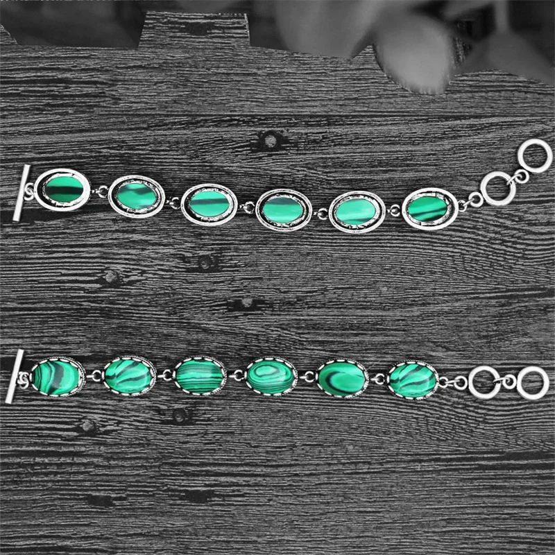 Oval Synthetic Malchite Strand Bracelets For Women Antique Silver Plated Vintage Look Fashion Jewelry TB325