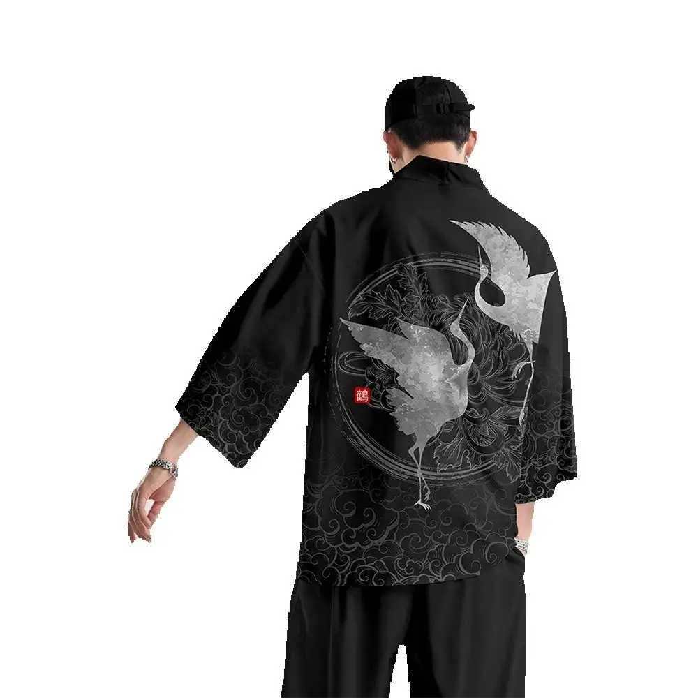 Vintage Chinese Crane Print Black Kimono Pants Streetwear Men Women Cardigan Haori Harajuku Robe Oversized Japanese Beach Yukata