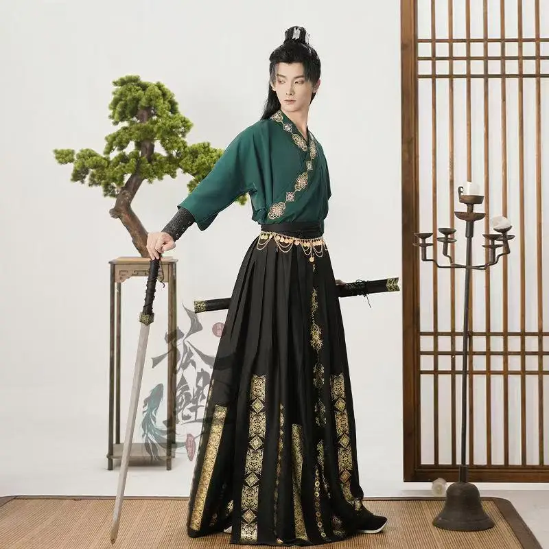 重工業ゴールドスタンプ漢服ドレスメンズ伝統的なクロスカラーコスチュームハロウィン剣士コスプレ衣装ステージスーツ男性