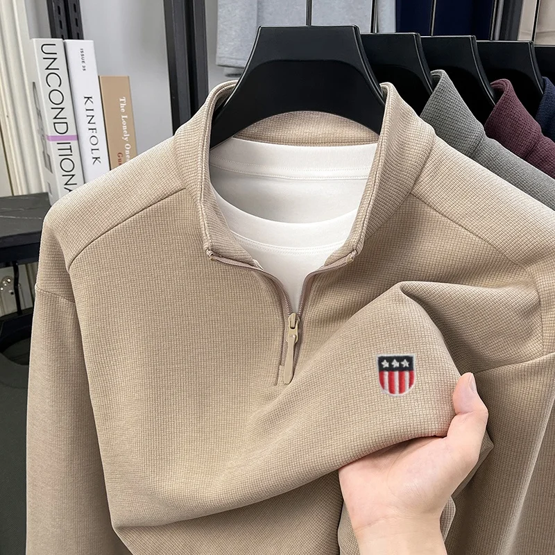 Luxury fashion brand autumn velvet warm knit sweater designer half zipper lapel badge embroidered original mens pullover sweater