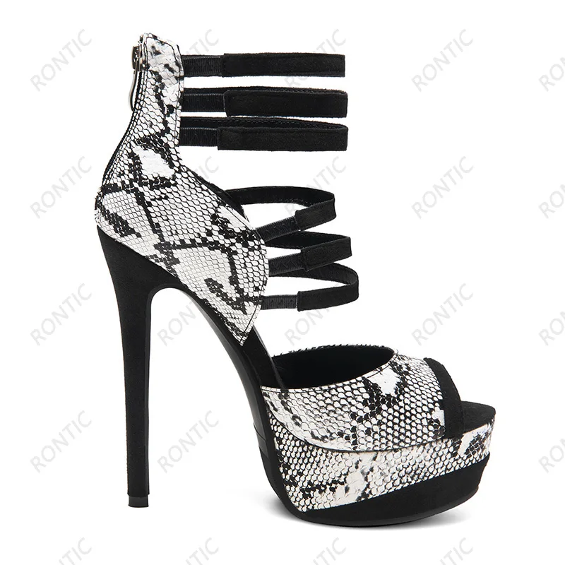 Rontic Women Snake Print Platform Sandals Multi Strap Peep Toe Super High Stiletto Heels Back Zipper Nightclub Shoes Size 5-20