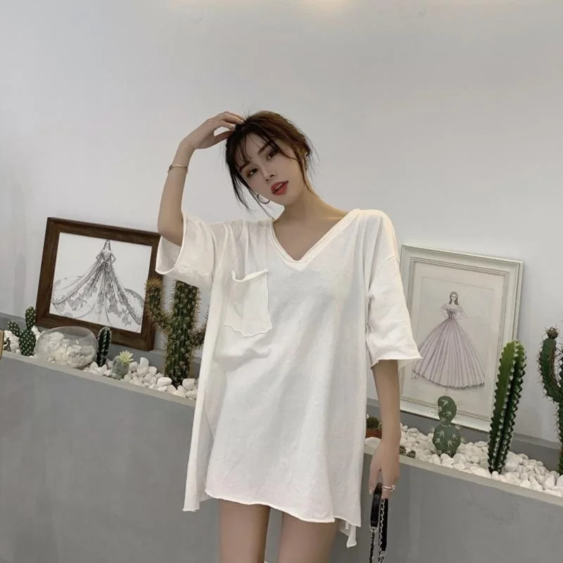 

Женская футболка больших размеров (до 136 кг) в корейском стиле с V-образным вырезом, коротким рукавом, средней длины, свободного кроя, базовый слой, летняя повседневная одежда